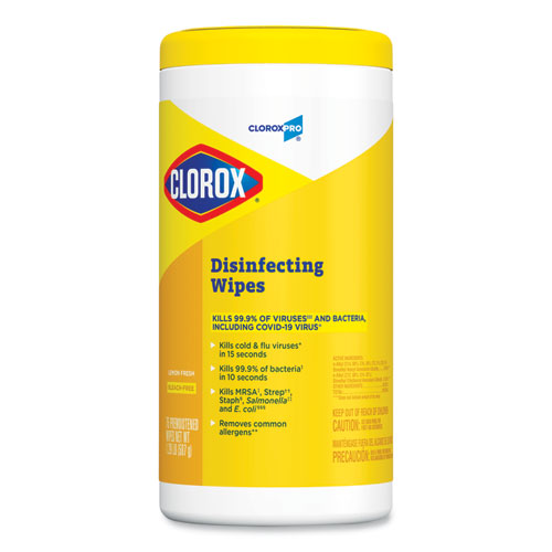 Image of Clorox® Disinfecting Wipes, 1-Ply, 7 X 8, Lemon Fresh, White, 75/Canister, 6/Carton