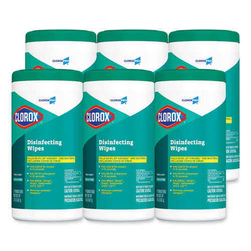 Image of Clorox® Disinfecting Wipes, 1-Ply, Fresh Scent, 7 X 8, White, 75/Canister, 6 Canisters/Carton