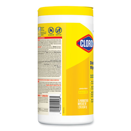 Image of Clorox® Disinfecting Wipes, 1-Ply, 7 X 8, Lemon Fresh, White, 75/Canister