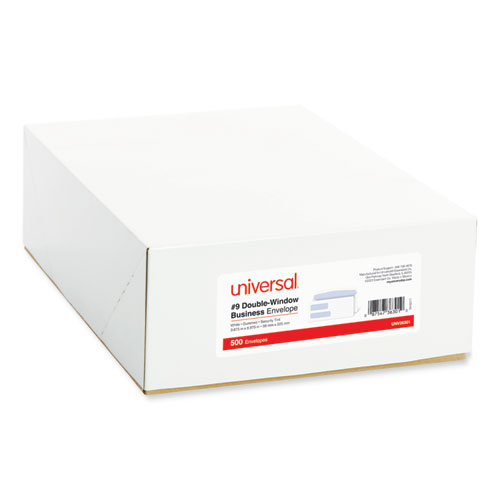 Image of Universal® Double Window Business Envelope, #9, Commercial Flap, Gummed Closure, 3.88 X 8.88, White, 500/Box