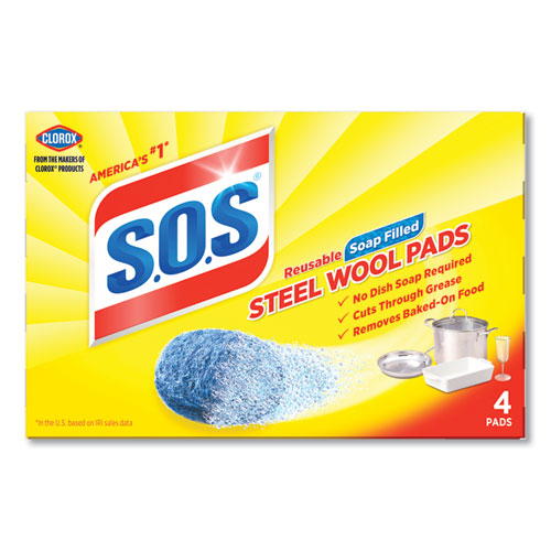 Image of S.O.S.® Steel Wool Soap Pad, Steel, 4/Box, 24 Boxes/Carton