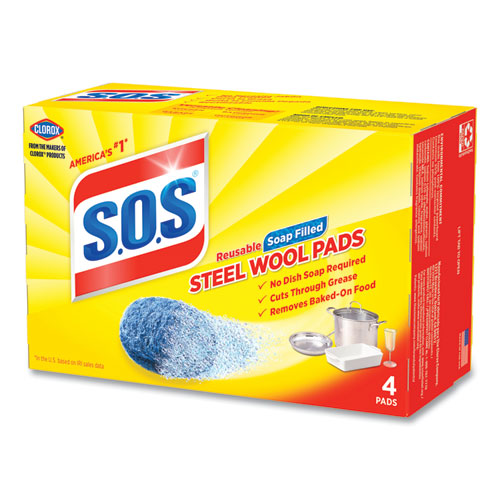 Image of S.O.S.® Steel Wool Soap Pad, Steel, 4/Box, 24 Boxes/Carton