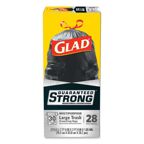 Image of Glad® Drawstring Large Trash Bags, 30 Gal, 1.05 Mil, 30" X 33", Black, 15 Bags/Box, 6 Boxes/Carton