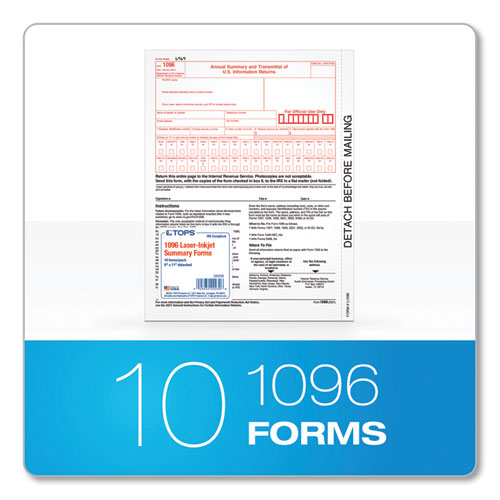 1096 Tax Form for Inkjet/Laser Printers, Fiscal Year: 2023, One-Part (No Copies), 8 x 11, 10 Forms Total