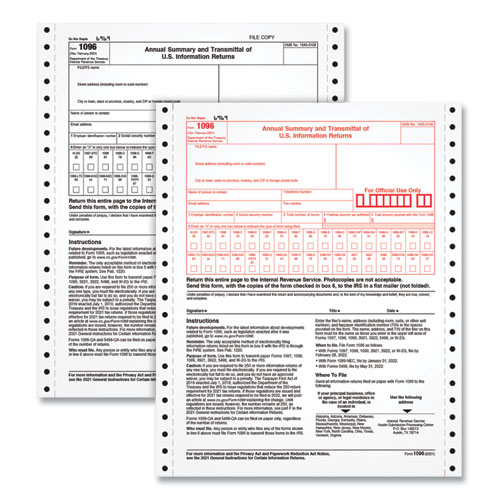 1096 Tax Form for Dot Matrix Printers, Fiscal Year: 2022, Two-Part Carbonless, 8 x 11, 10 Forms Total