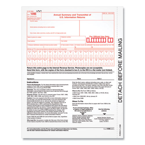 1096 Summary Transmittal Tax Forms, 8 x 11, 1/Page,10 Forms/Pack