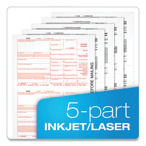 Image of Tops™ 1099-Int Tax Forms For Inkjet/Laser Printers, Five-Part Carbonless, 8 X 5.5, 2 Forms/Sheet, 24 Forms Total
