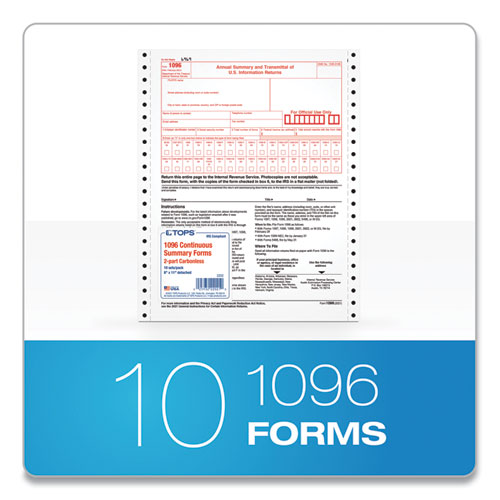 Image of Tops™ 1096 Tax Form For Dot Matrix Printers, Fiscal Year: 2022, Two-Part Carbonless, 8 X 11, 10 Forms Total