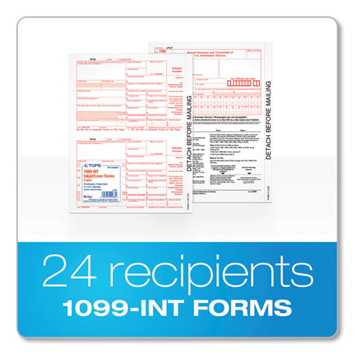 1099-INT Tax Forms for Inkjet/Laser Printers, Fiscal Year: 2023, Five-Part Carbonless, 8 x 5.5, 2 Forms/Sheet, 24 Forms Total