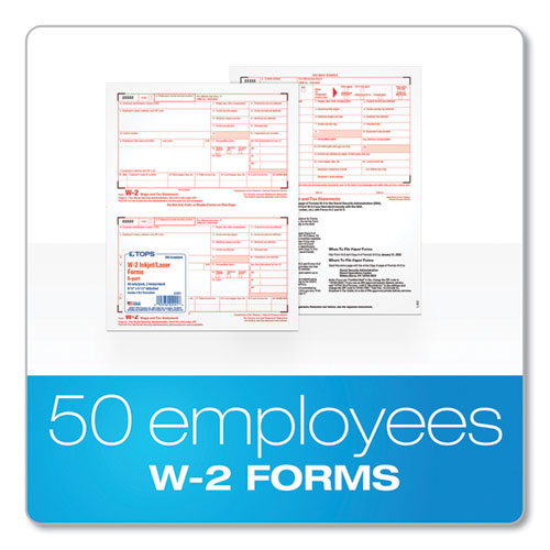 W-2 Tax Forms for Inkjet/Laser Printers, Fiscal Year: 2023, Six-Part Carbonless, 8.5 x 5.5, 2 Forms/Sheet, 50 Forms Total