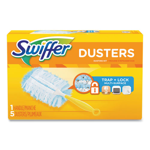 Image of Dusters Starter Kit, Dust Lock Fiber, 6" Handle, Blue/Yellow, 6/Carton