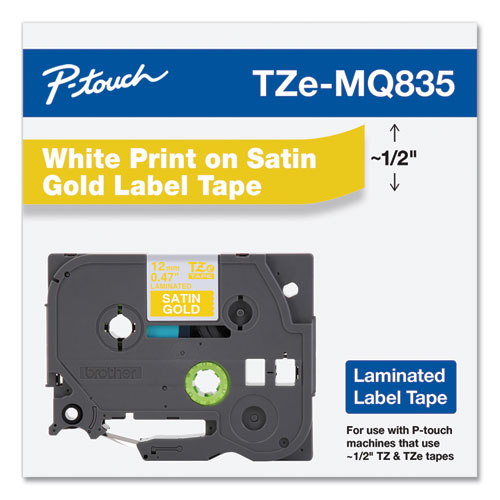TZ Standard Adhesive Laminated Labeling Tape, 0.47" x 16.4 ft, White/Satin Gold