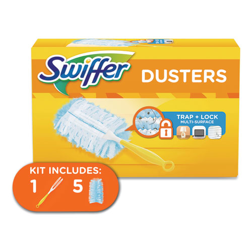 Image of Swiffer® Dusters Starter Kit, Dust Lock Fiber, 6" Handle, Blue/Yellow