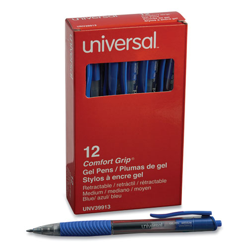 Comfort Grip Gel Pen, Retractable, Medium 0.7 mm, Blue Ink, Clear/Blue Barrel, Dozen