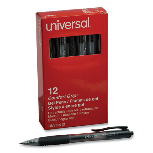 Image of Universal™ Comfort Grip Gel Pen, Retractable, Medium 0.7 Mm, Black Ink, Smoke Barrel, Dozen