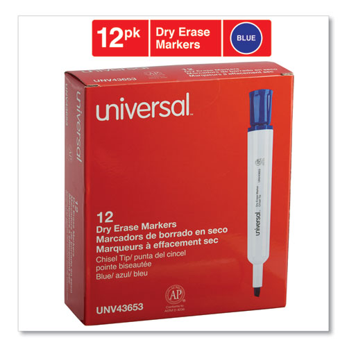 Image of Universal™ Dry Erase Marker, Broad Chisel Tip, Blue, Dozen