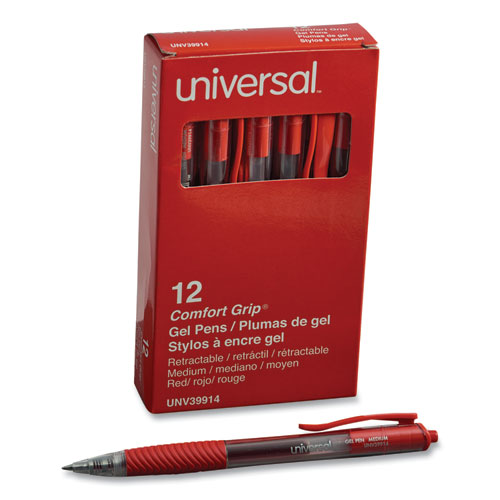 Image of Universal™ Comfort Grip Gel Pen, Retractable, Medium 0.7 Mm, Red Ink, Translucent Red Barrel, Dozen