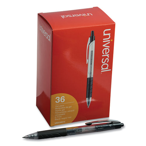 Image of Universal™ Comfort Grip Gel Pen, Retractable, Medium 0.7 Mm, Black Ink, Clear/Black Barrel, 36/Pack