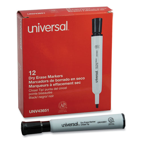 Image of Universal™ Dry Erase Marker, Broad Chisel Tip, Black, Dozen