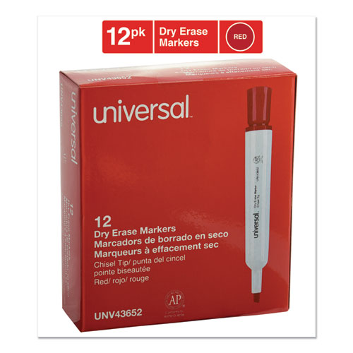 Image of Universal™ Dry Erase Marker, Broad Chisel Tip, Red, Dozen