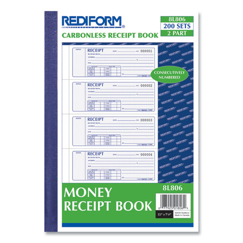 Money Receipt Book, Softcover, Two-Part Carbonless, 7 x 2.75, 4 Forms/Sheet, 200 Forms Total