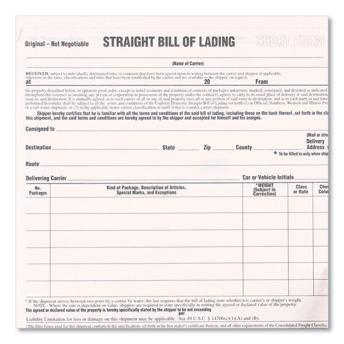 Snap-A-Way Bill of Lading, Short Form, Three-Part Carbonless, 7 x 8.5, 250 Forms Total
