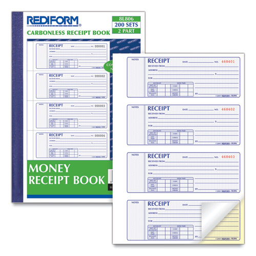 Money Receipt Book, Softcover, Two-Part Carbonless, 7 x 2.75, 4 Forms/Sheet, 200 Forms Total