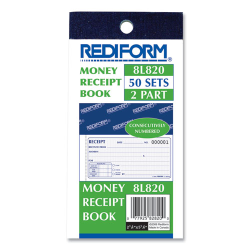 Small Money Receipt Book, Two-Part Carbonless, 2.75 x 5, 50 Forms Total
