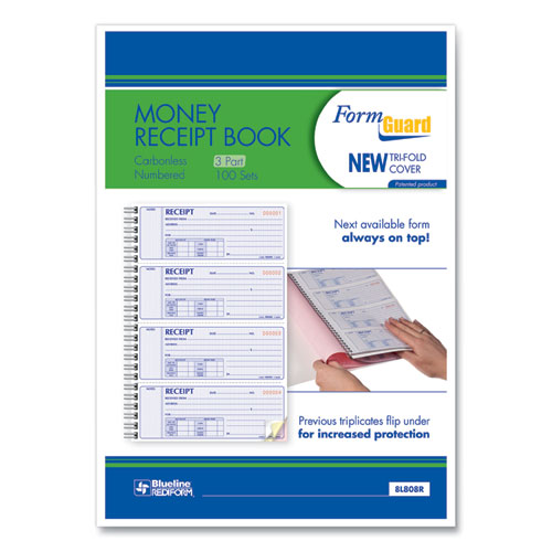 Money Receipt Book, FormGuard Cover, Three-Part Carbonless, 7 x 2.75, 4 Forms/Sheet, 100 Forms Total