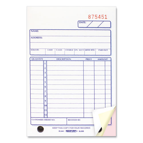 Sales Book, 12 Lines, Three-Part Carbonless, 4.25 x 6.38, 50 Forms Total