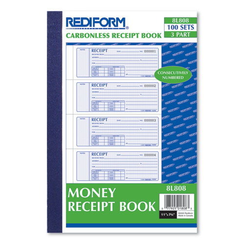 Image of Rediform® Money Receipt Book, Softcover, Three-Part Carbonless, 7 X 2.75, 4 Forms/Sheet, 100 Forms Total