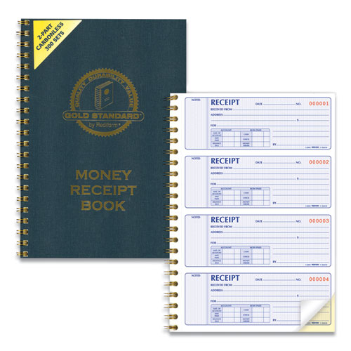 Gold Standard Money Receipt Book, Two-Part Carbonless, 7 x 2.75, 4 Forms/Sheet, 300 Forms Total