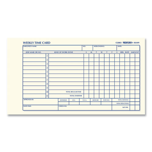 Weekly Employee Time Cards, One Side, 4.25 x 7, 100/Pad
