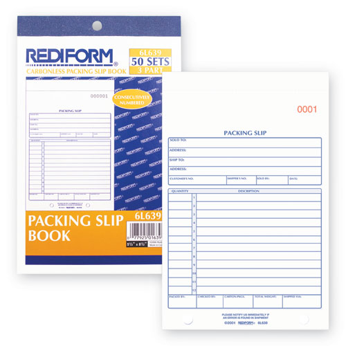 Packing Slip Book, 5 9/ 16 x 7 15/ 16, Carbonless Triplicate, 50 Sets