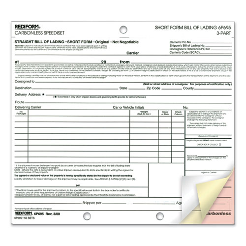 Image of Rediform® Speediset Bill Of Lading, Short Form, Three-Part Carbonless, 7 X 8.5, 50 Forms Total