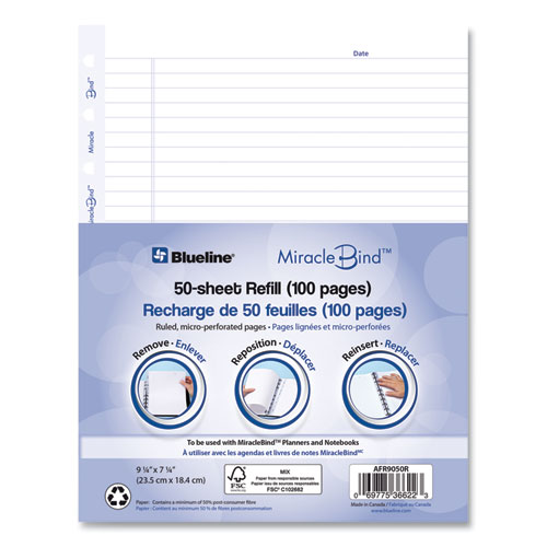 Image of Blueline® Miraclebind Ruled Paper Refill Sheets For All Miraclebind Notebooks And Planners, 9.25 X 7.25, White/Blue Sheets, Undated