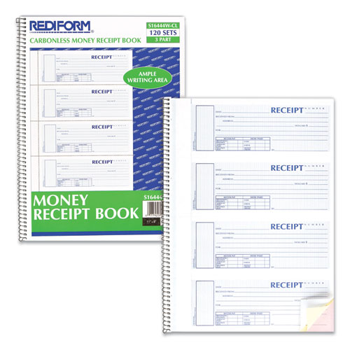 Spiralbound Unnumbered Money Receipt Book, Three-Part Carbonless, 7 x 2.75, 4 Forms/Sheet, 120 Forms Total