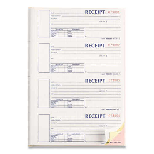 Image of Rediform® Durable Hardcover Numbered Money Receipt Book, Three-Part Carbonless, 6.88 X 2.75, 4 Forms/Sheet, 200 Forms Total