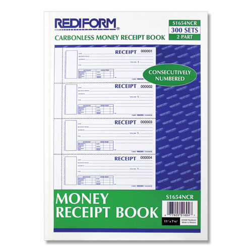 Durable Hardcover Numbered Money Receipt Book, Two-Part Carbonless, 6.88 x 2.75, 4 Forms/Sheet, 300 Forms Total