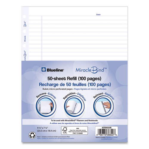 Image of Blueline® Miraclebind Ruled Paper Refill Sheets For All Miraclebind Notebooks And Planners, 9.25 X 7.25, White/Blue Sheets, Undated