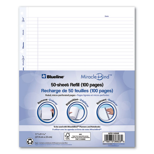 Image of Blueline® Miraclebind Ruled Paper Refill Sheets For All Miraclebind Notebooks And Planners, 11 X 9.06, White/Blue Sheets, Undated