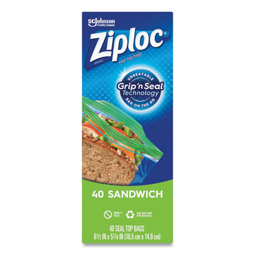 Image of Ziploc® Resealable Sandwich Bags, 1.2 Mil, 6.5" X 5.88", Clear, 40 Bags/Box, 12 Boxes/Carton