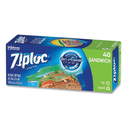 Image of Ziploc® Resealable Sandwich Bags, 1.2 Mil, 6.5" X 5.88", Clear, 40 Bags/Box, 12 Boxes/Carton