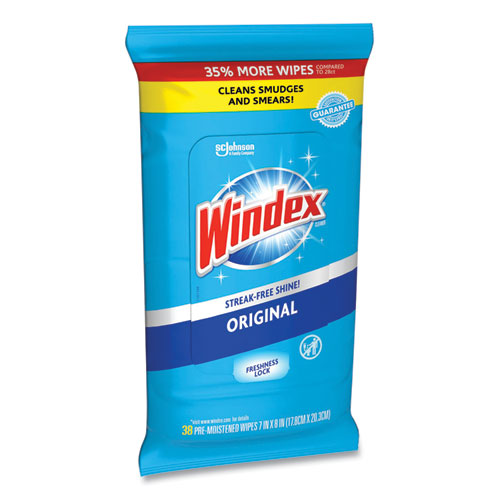 Image of Windex® Glass And Surface Wet Wipe, Cloth, 7 X 8, Unscented, White, 38/Pack, 12 Packs/Carton