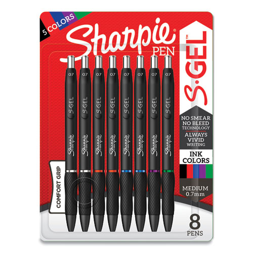 Sharpie® S-Gel™ S-Gel High-Performance Gel Pen, Retractable, Medium 0.7 Mm, Five Assorted Ink Colors, Black Barrel, 8/Pack