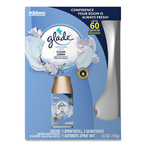 Glade® Automatic Spray Starter Kit, Spray Unit and Refill, White/Gold, Clean Linen, 4/Carton