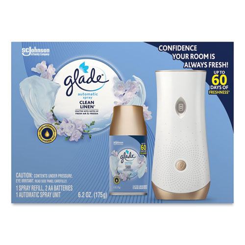 Image of Glade® Automatic Spray Starter Kit, Spray Unit And Refill, White/Gold, Clean Linen, 4/Carton