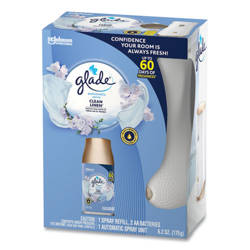 Image of Glade® Automatic Spray Starter Kit, Spray Unit And Refill, White/Gold, Clean Linen, 4/Carton