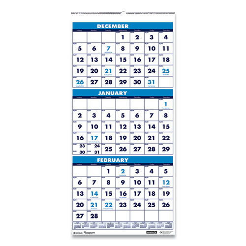 7510016828100 SKILCRAFT Wirebound 3-Month-View Vertical Wall Calendar, 12.25 x 26, White/Blue, 14-Month (Dec-Jan): 2022-2024