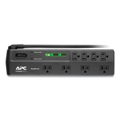 Image of Apc® Home Office Surgearrest Power Surge Protector, 8 Ac Outlets/2 Usb Ports, 6 Ft Cord, 2,630 J, Black